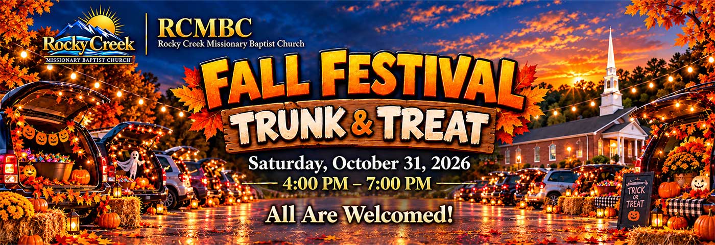 Rocky Creek Fall Festival Trunk and Treat on October 31, 2026, from 4 to 7 p.m.