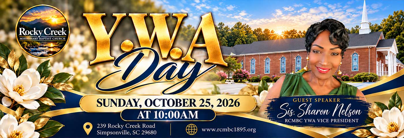 Creek Missionary Baptist Church Y.W.A. Day on October 25, 2026, at 10 a.m. with guest speaker Sis. Sharon Nelson.
