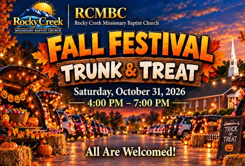 Rocky Creek Fall Festival Trunk and Treat on October 31, 2026, from 4 to 7 p.m.