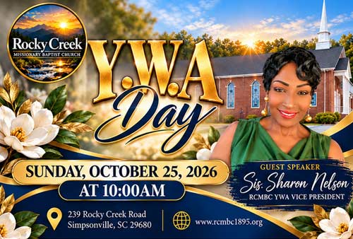 Creek Missionary Baptist Church Y.W.A. Day on October 25, 2026, at 10 a.m. with guest speaker Sis. Sharon Nelson.